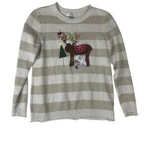 Christopher & Banks size small Christmas sweater cute stripe tan white granny